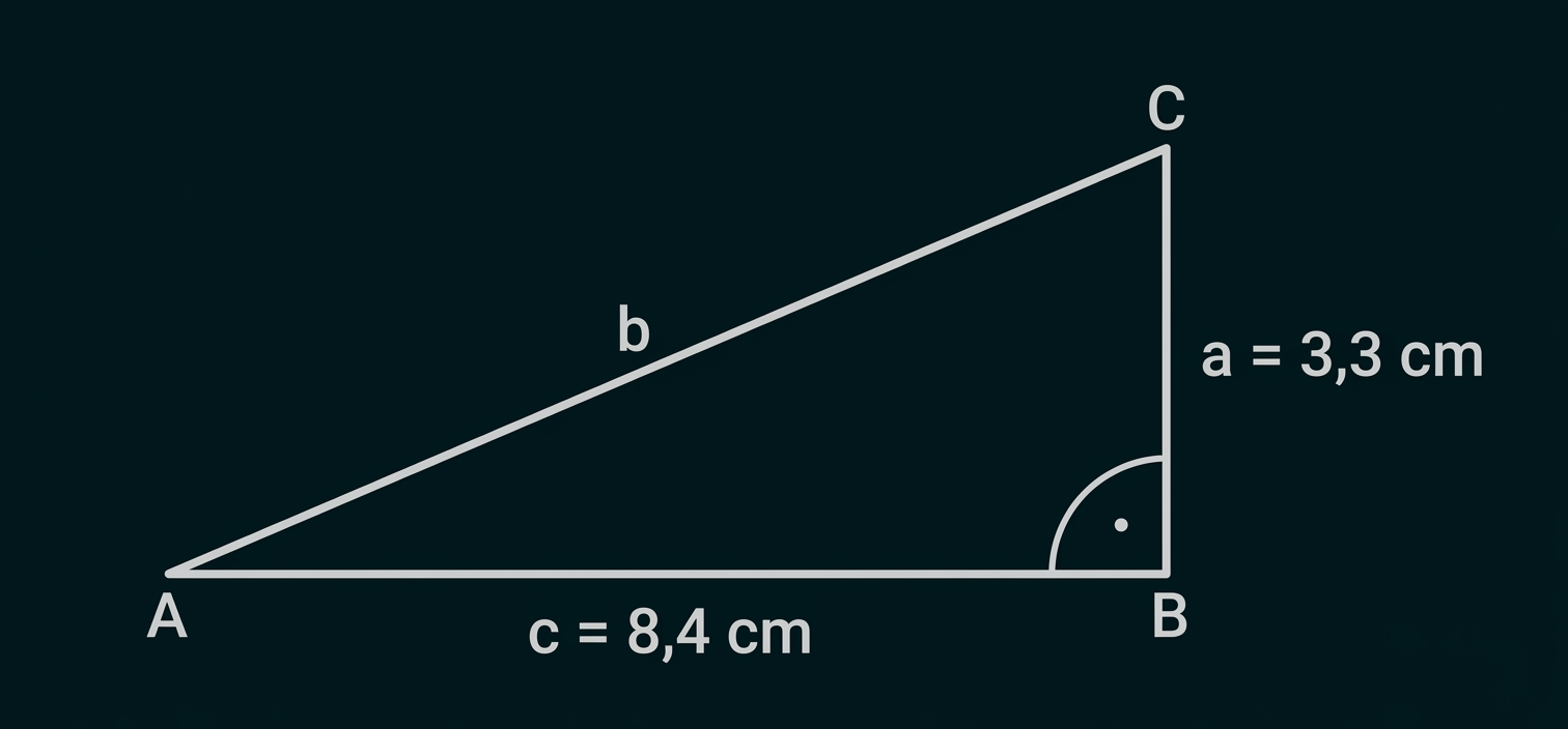 Rechtwinkliges Dreieck ABC mit Katheten a = 3,3 cm und c = 8,4 cm sowie Hypotenuse b.